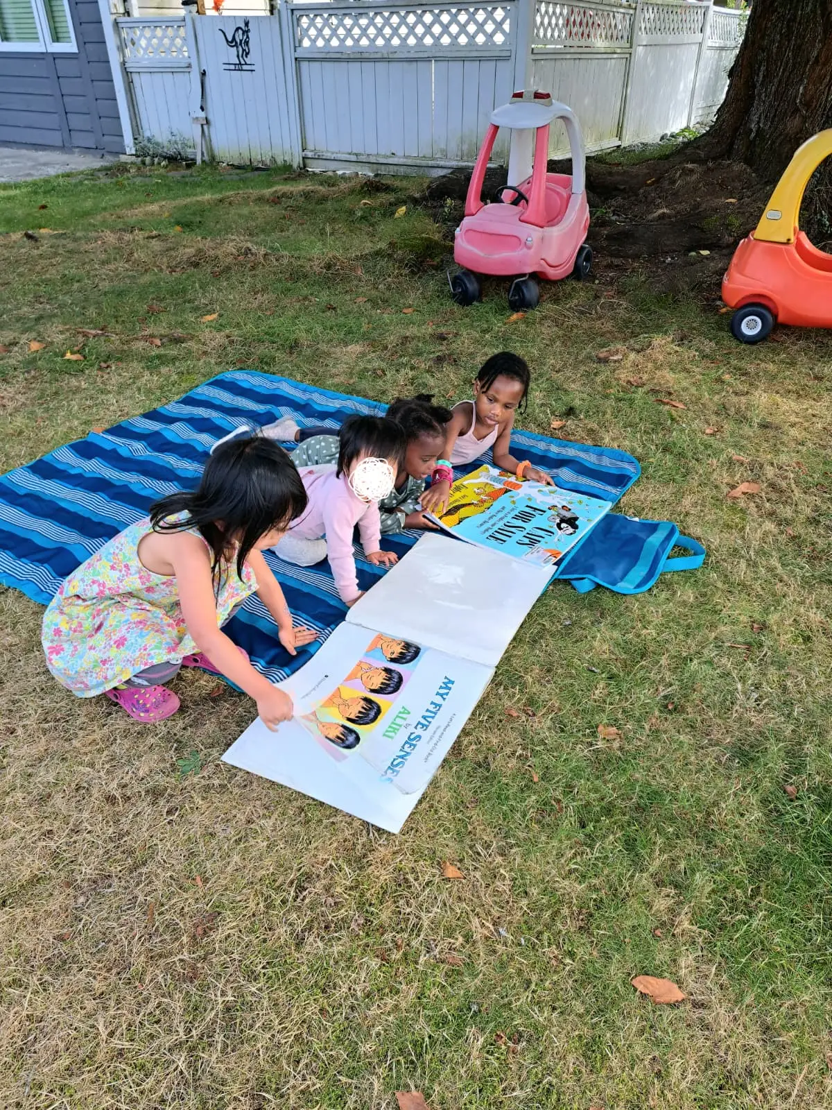Children reading together outdoors on a blanket