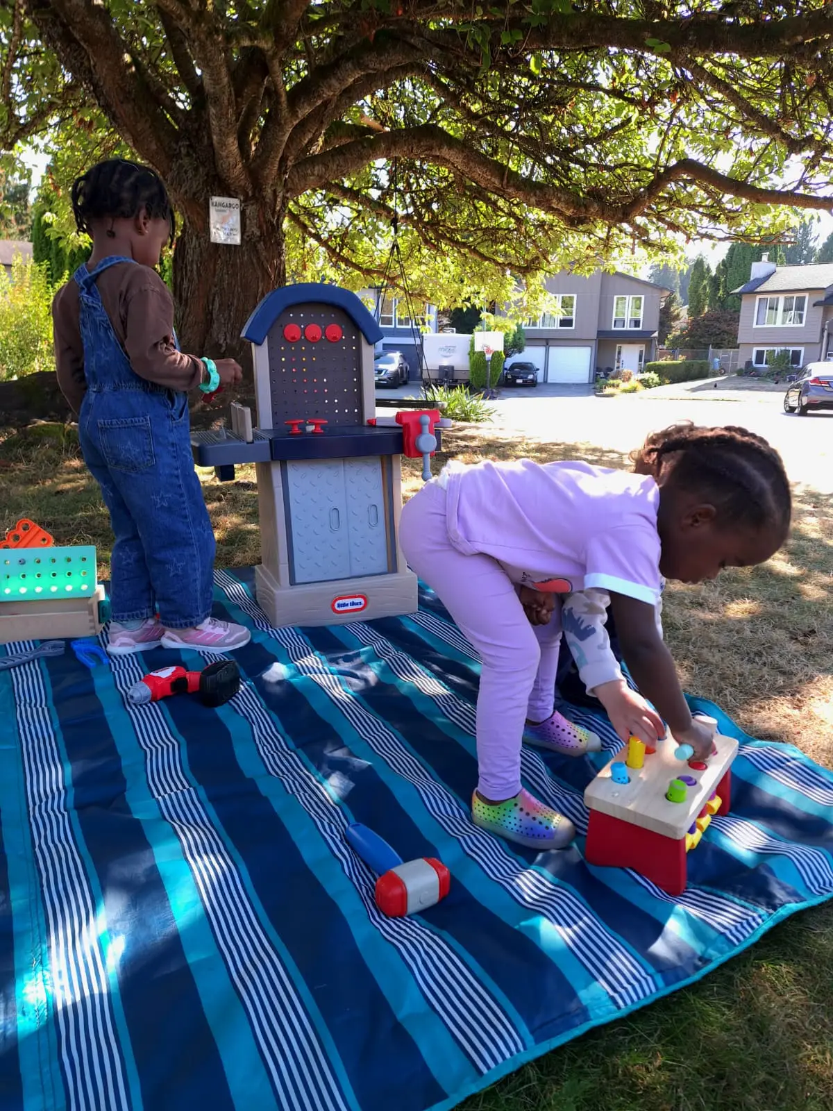 Children playing with outdoor toys under a tree